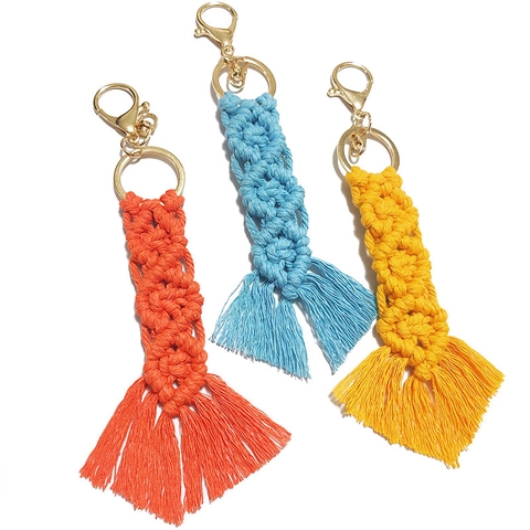 Handmade Bohemian Macrame Tassel Keychain Cotton Woven Bag Charm Long Tassel Key Ring For Women Beach Vacation Accessory