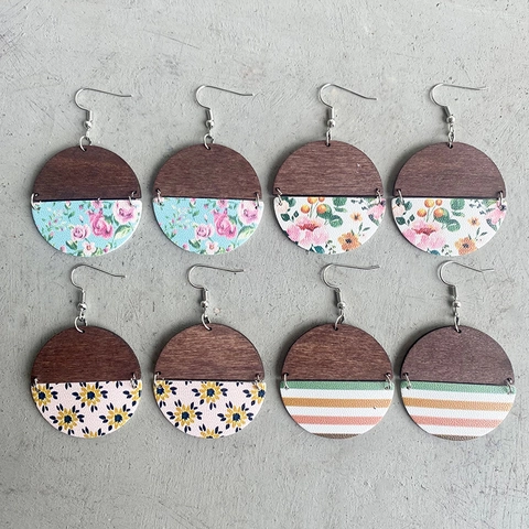 Handmade Vintage Wood Leather Splicing Round Drop Earrings Floral Print Geometric Dangle Earrings For Women Fashion Jewelry