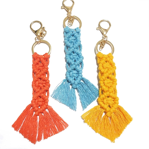 Handmade Bohemian Macrame Tassel Keychain Cotton Woven Bag Charm Long Tassel Key Ring For Women Beach Vacation Accessory