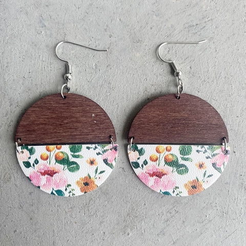 Handmade Vintage Wood Leather Splicing Round Drop Earrings Floral Print Geometric Dangle Earrings For Women Fashion Jewelry
