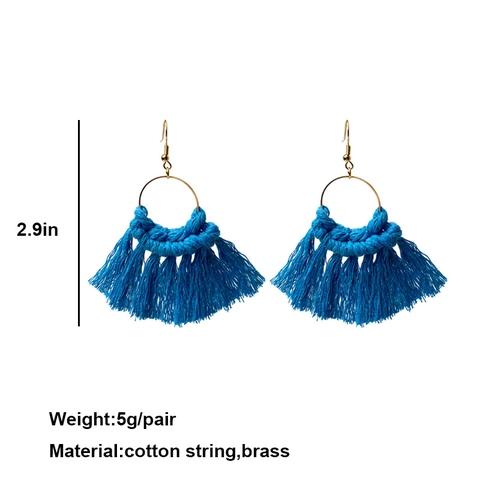 Bohemian Hand Woven Cotton Thread Tassel Drop Earrings For Women Ethnic Style Gold Round Hoop Vacation Jewelry Earrings