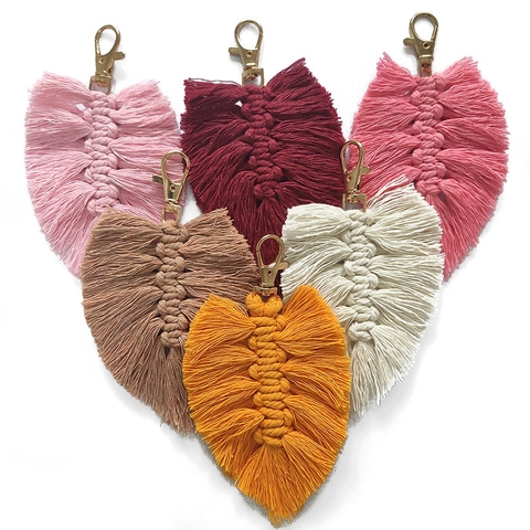 Handmade Bohemian Woven Cotton Rope Leaf Keychain Tassel Bag Pendant Alloy Lobster Clasp Ethnic Style Braided Key Ring Ornament