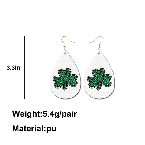 Boucles d'Oreilles Goutte en Cuir Trèfle Saint Patrick pour Femmes Lettre Lucky Imprimée Imprimé Léopard Bijoux Cadeau de Vacances