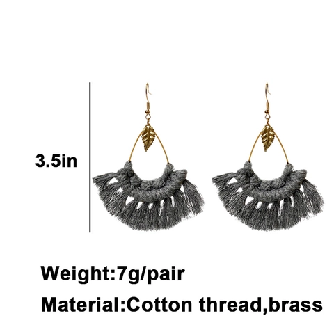 Bohemian Handmade Woven Tassel Earrings For Women Ethnic Alloy Leaf Pendant Cotton Thread Fan Shaped Drop Earrings Jewelry