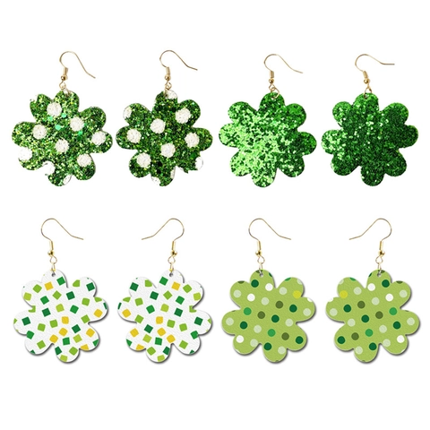 St. Patrick's Day Groene Kunstlederen Hangende Oorbellen Glitter Klaver Bloemenpatroon Leren Oorbellen Voor Dames Sieraden Cadeau