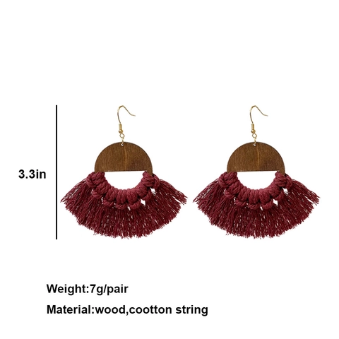 Bohemian Hand-woven Cotton Thread Wooden Tassel Earrings Ethnic Style Macrame Fan Shaped Ear Jewelry For Bridesmaid Women Gift