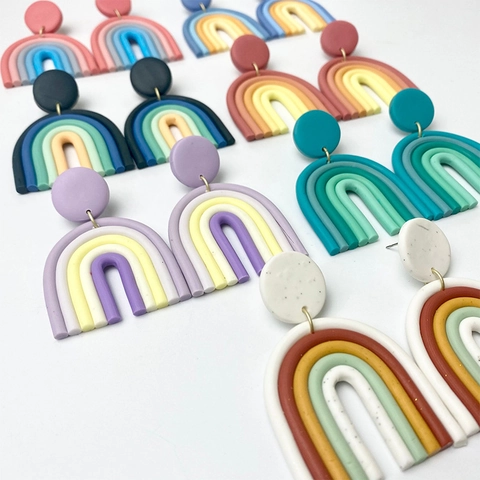 Handmade Polymer Clay Rainbow Dangle Earrings For Women Bohemian Geometric U Shape Clay Jewelry Statement Earrings