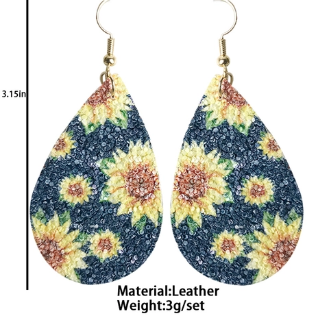 Pendientes Colgantes de Cuero Artificial de Girasol Bohemio para Mujer Estrella Redondo Gota Geométrico Cuero PU Estampado Joyería