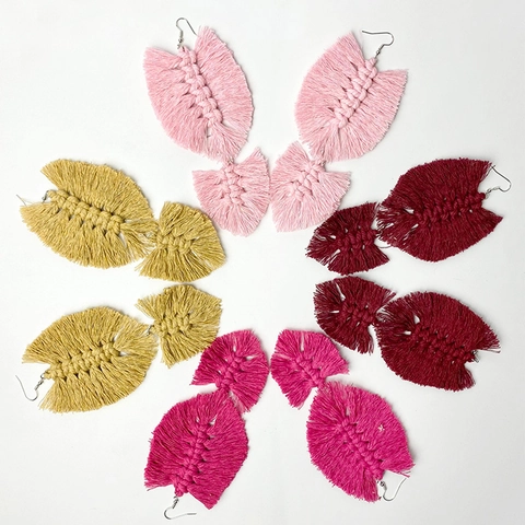 Handmade Bohemian Macrame Leaf Tassel Drop Earrings For Women Ethnic Woven Cotton String Hook Earrings Holiday Jewelry