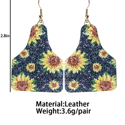 Bohemian Faux Leather Sunflower Drop Earrings For Women Western Style Texas Map Bull Head Longhorn Glitter Pattern Earrings