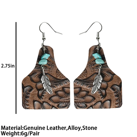 Western Echtes Leder Ohrhänger Geprägte Rindermarke Türkis Federanhänger Boho Vintage Legierung Schmuck Für Damen