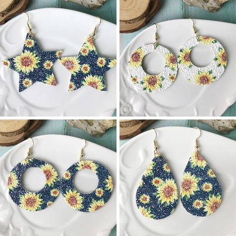 Pendientes Colgantes de Cuero Artificial de Girasol Bohemio para Mujer Estrella Redondo Gota Geométrico Cuero PU Estampado Joyería