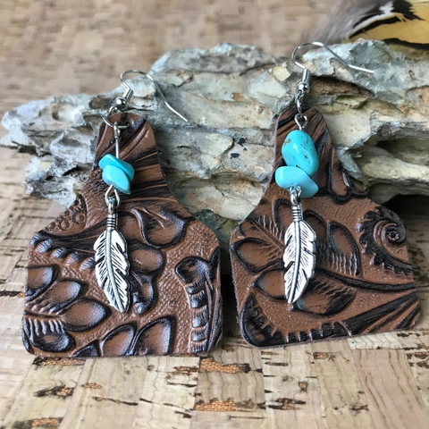 Western Echtes Leder Ohrhänger Geprägte Rindermarke Türkis Federanhänger Boho Vintage Legierung Schmuck Für Damen