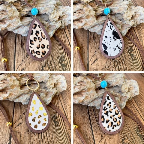 Bohemian Vintage Water Drop Wood Pendant Necklace Women Genuine Leather Cow Leopard Print Turquoise Stone Long Chain Jewelry