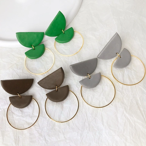 Handmade Geometric Polymer Clay Drop Earrings For Women Minimalist Half Moon Alloy Circle Dangle Earrings Fashion Jewelry