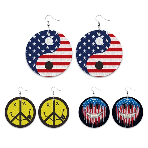 Pendientes Colgantes Redondos Cuero PU Día Independencia Bandiera Americana Estrellas Franjas Yin Yang Cara Sonriente Joyería