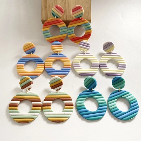 Handmade Polymer Clay Striped Round Hoop Earrings For Women Bohemian Geometric Multi Color Artistic Textured Drop Earrings