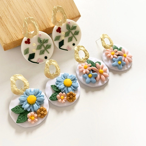 Handmade Polymer Clay Flower Drop Earrings For Women Vintage Bohemian Daisy Floral 3D Polymer Clay Alloy Dangle Earrings