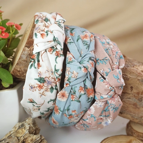 Vintage Floral Twist Knot Headband For Women Girls Sweet Chiffon Fabric Wide Hair Band Pastoral Style Hair Accessories