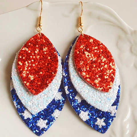USA Flag Sequin PU Leather Leaf Drop Earrings Red White Blue Star Patriotic July Fourth Independence Day Jewelry For Women