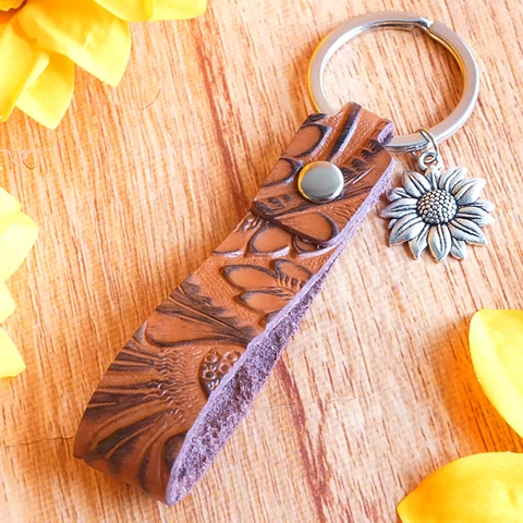 Porte-clés en Cuir Véritable Vintage Tournesol Avec Pendentif en Alliage Motif Floral Gaufré Style Western pour Hommes Femmes