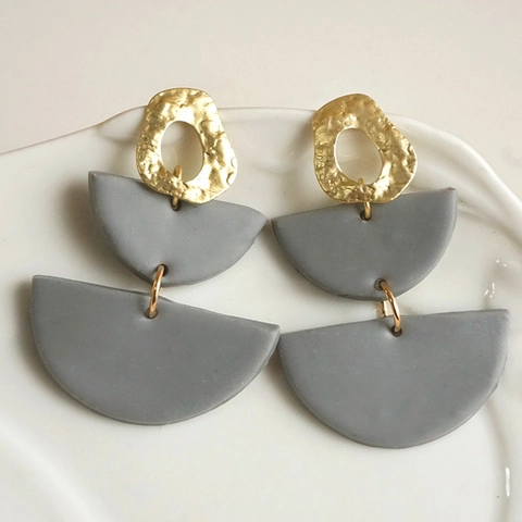 Modern Polymer Clay Dangle Earrings Hammered Copper Geometric Semi Circle Minimalist Handmade Fashion Jewelry Gift For Women