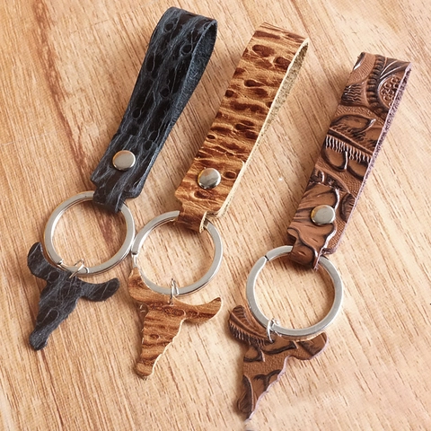 Vintage Western Genuine Leather Keychain For Men Women Retro Embossed Bull Head Pendant Alloy Key Ring Handmade Accessories