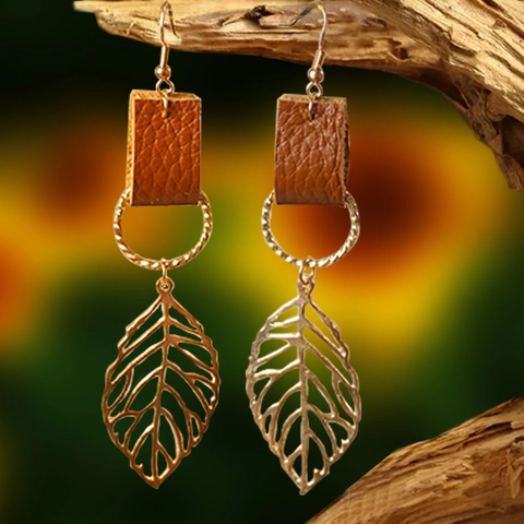 Bohemian Vintage Copper Hollow Leaf Dangle Earrings With Genuine Cowhide Leather Retro Nature Inspired Jewelry Accessory For Women