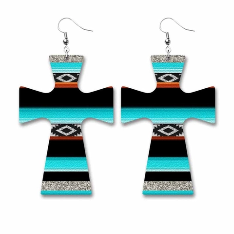 Bohemian Western Cowboy PU Leather Dangle Earrings For Women Sunflower Cross Teardrop Printed Fashion Dangle Ear Hook Jewelry