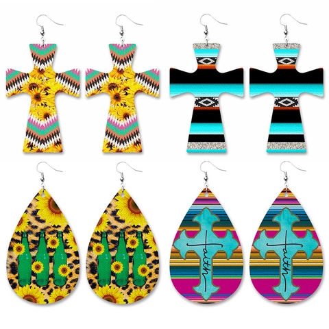 Bohemian Western Cowboy PU Leather Dangle Earrings For Women Sunflower Cross Teardrop Printed Fashion Dangle Ear Hook Jewelry