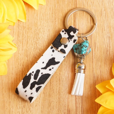 Western Boho Tierdruck Kunstleder Quaste Schlüsselanhänger Mit Künstlichem Türkis Stein Leopard Kuh Zebra Muster Taschenanhänger