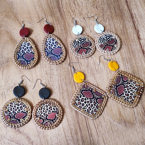 Bohemian Woven Rattan Polymer Clay Earrings Leopard Zebra Animal Print Copper Hook Drop Earrings For Women Ethnic Jewelry