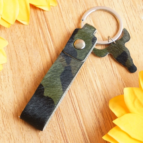 Western Genuine Leather Keychain With Horse Hair Texture Animal Print Leopard Zebra Camo Bull Head Charm Fashion Bag Pendant