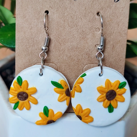 Handmade Polymer Clay Sunflower Daisy Drop Hook Earrings For Women Cute Floral 3D Flower Copper Earrings Jewelry Gift