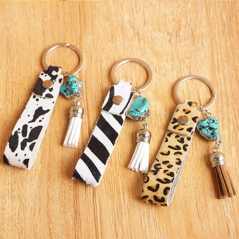 Western Boho Tierdruck Kunstleder Quaste Schlüsselanhänger Mit Künstlichem Türkis Stein Leopard Kuh Zebra Muster Taschenanhänger