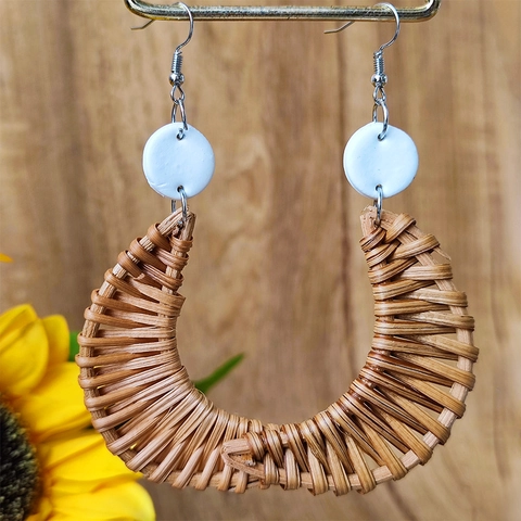 Bohemian Rattan Polymer Clay Handwoven Drop Earrings Retro Geometric Teardrop Square Round Earrings For Women Vacation Jewelry