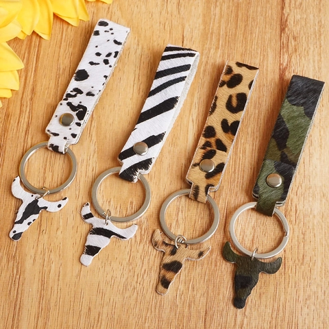 Western Genuine Leather Keychain With Horse Hair Texture Animal Print Leopard Zebra Camo Bull Head Charm Fashion Bag Pendant
