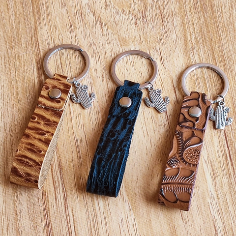 Vintage Leder Schlüsselanhänger Mit Kaktus Metall Anhänger Western Stil Geprägtes Leder Schlüsselring Für Damen Herren Taschenanhänger