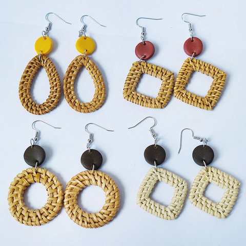 Bohemian Rattan Polymer Clay Handwoven Drop Earrings Retro Geometric Teardrop Square Round Earrings For Women Vacation Jewelry