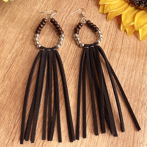 Bohemian Rattan Tassel Dangle Earrings Vintage Ethnic Style Woven Hoop Earrings Fashion Jewelry For Women Vacation Party