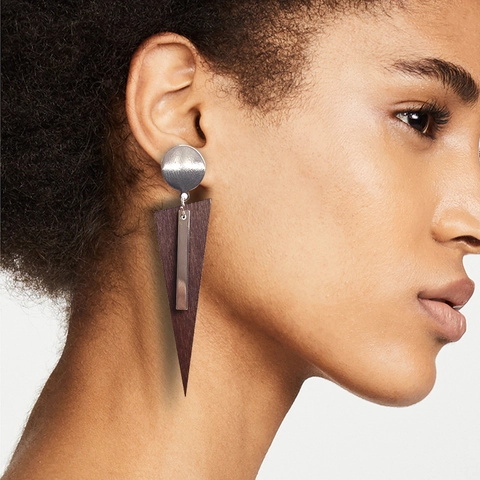Minimalist Wood and Copper Geometric Drop Earrings For Women Bohemian Vintage Hammered Metal Long Statement Earrings Jewelry
