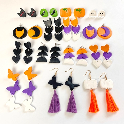 Handmade Polymer Clay Halloween Earrings Ghost Pumpkin Alien Black Cat Dangle Earrings With Cotton Tassel For Women Jewelry