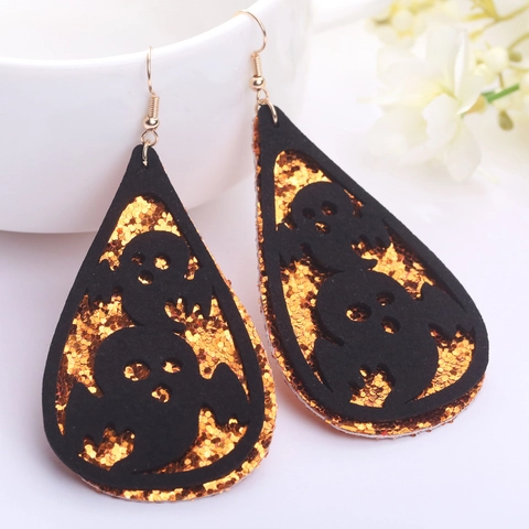 Pendientes de Lágrima con Purpurina Naranja Halloween Gamuza Sintética Negra Recorte Fantasma Calabaza Murciélago Boo Joyería Mujer