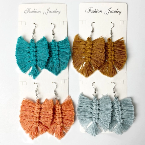 Handmade Bohemian Macrame Tassel Earrings For Women Leaf Feather Shape Cotton Thread Woven Drop Earrings Wedding Jewelry