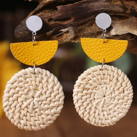 Bohemian Rattan Woven Drop Earrings Iron Real Leather Patchwork Geometric Vacation Style Handmade Jewelry For Women Daily