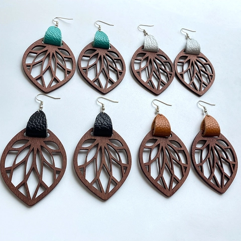 Bohemian Hollow Wood Leaf Dangle Earrings With Genuine Leather Accent Vintage Geometric Drop Earrings For Women Jewelry