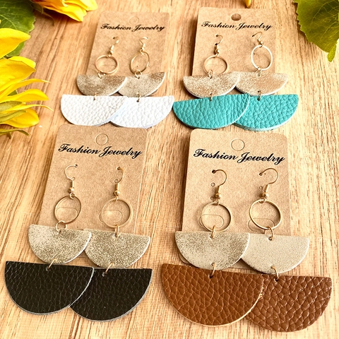 Bohemian Geometric Semi-circle Leather Drop Earrings Genuine Leather PU Copper Gold Silver Glitter Fashion Jewelry For Women