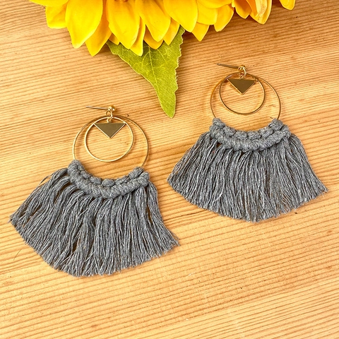Boheems Geweven Katoenen Kwastje Oorbellen Messing Geometrische Ronde Driehoek Hanger Voor Bruiloft Vrouwen Sieraden
