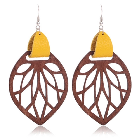Bohemian Hollow Wood Leaf Dangle Earrings With Genuine Leather Accent Vintage Geometric Drop Earrings For Women Jewelry