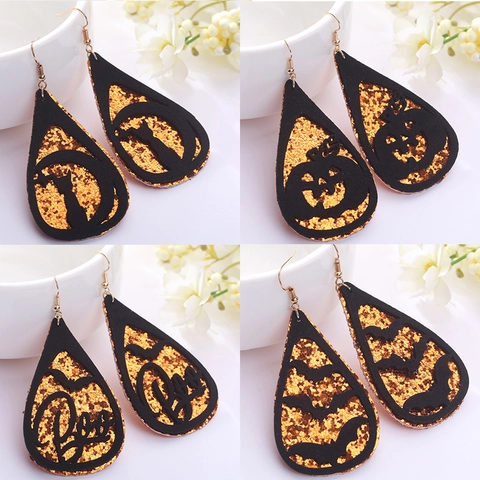 Pendientes de Lágrima con Purpurina Naranja Halloween Gamuza Sintética Negra Recorte Fantasma Calabaza Murciélago Boo Joyería Mujer